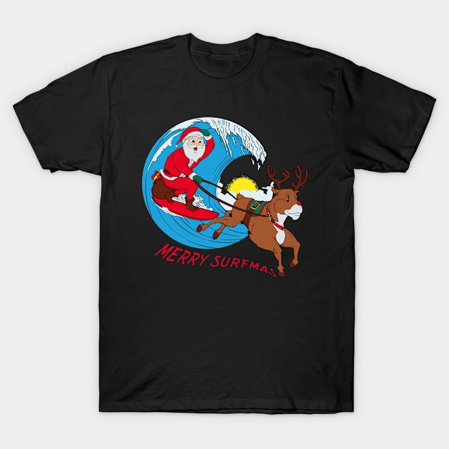 Funny Surfing Santa Clause With Reindeer Rudolph T-Shirt by gdimido